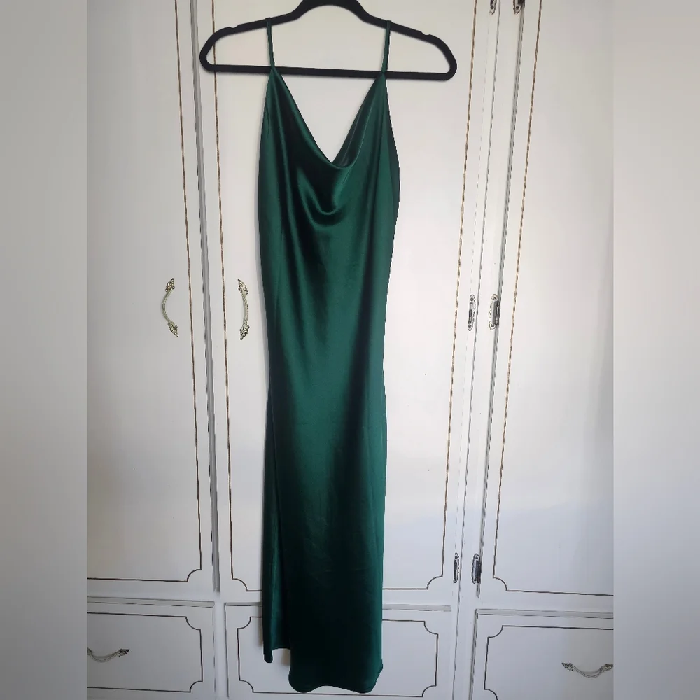 Petal & Pup Emerald Satin Asymmetrical Slip Dress - Picture 5 of 8